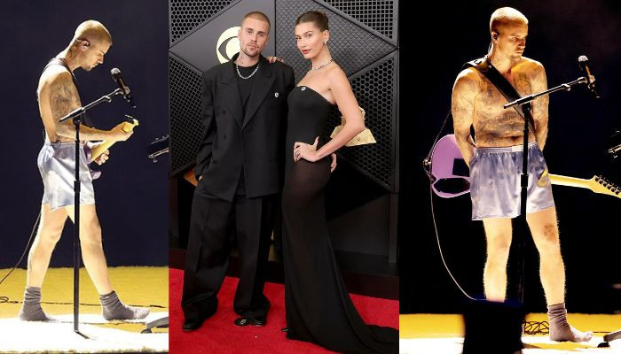 Justin Bieber returns to Grammy stage in purple boxers and socks