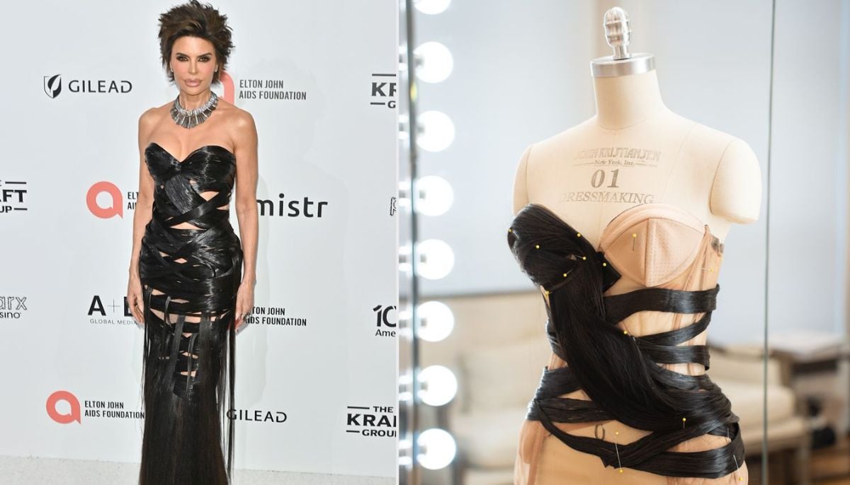 Lisa Rinna wears 11-pound human hair gown by Christian Cowan at Elton John's Oscars party