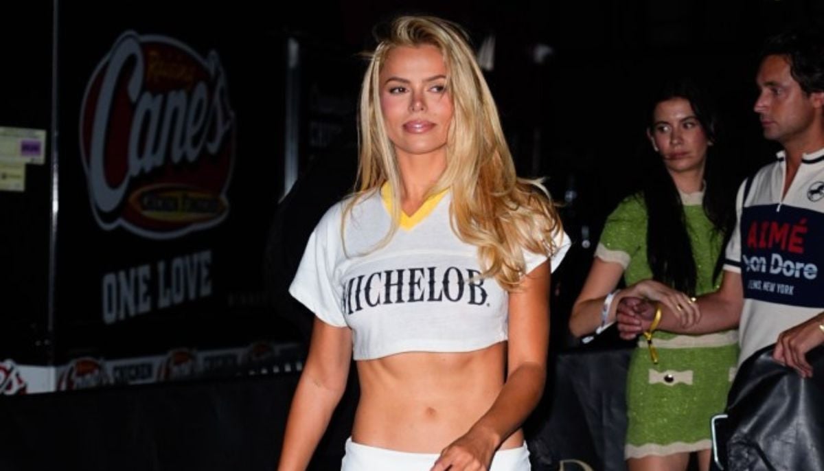 Brooks Nader wears white miniskirt at New York World Cup final event