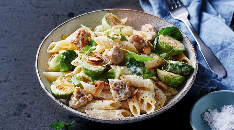 Caramelised Brussels Sprout and Sausage Penne Recipe