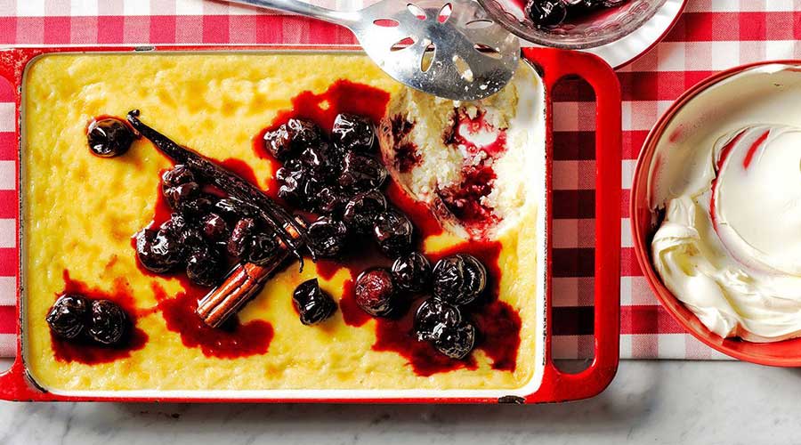 Baked Custard and Rice Pudding with Cherries Recipe