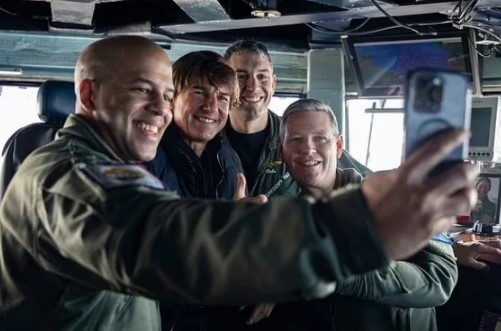 Tom Cruise visits to Navy aircraft for special screening of his Oscar-nominated film Top Gun: Maverick
