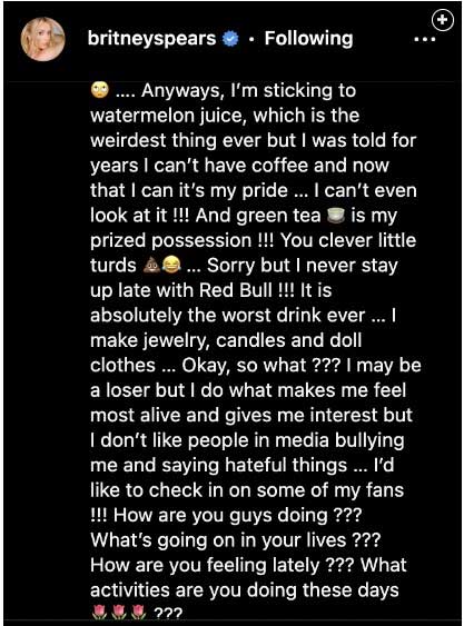 Britney Spears claps back at caffeine addiction claims: worst drink ever