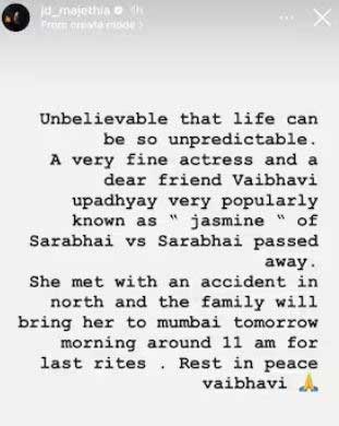 Sarabhai vs Sarabhai star Vaibhavi Upadhyaya is no more
