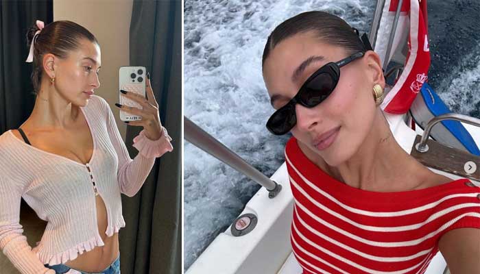 Hailey Bieber flaunts beach bod, new snaps in red swimsuit set internet ablaze