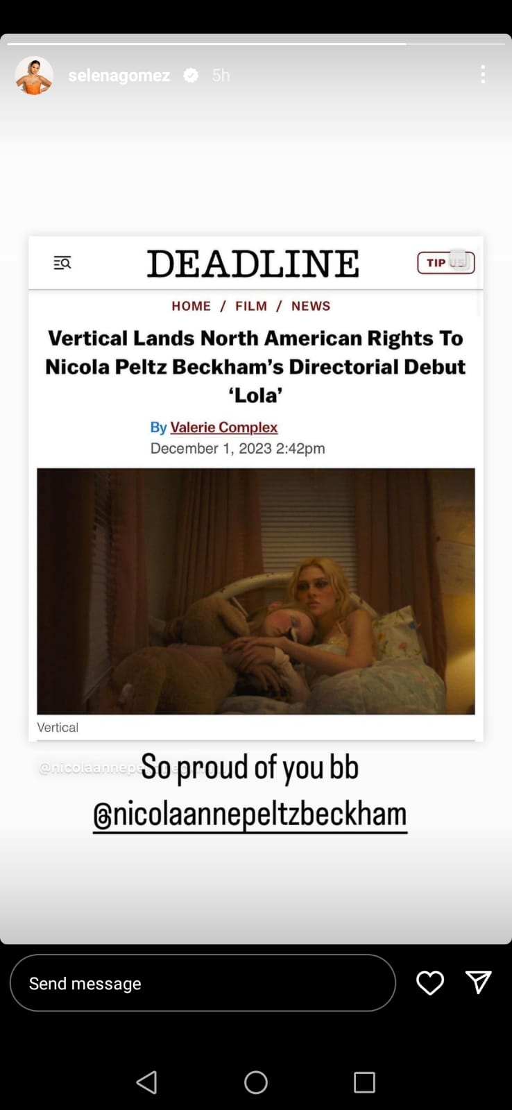 Selena Gomez celebrates Nicola Peltz Beckhams directorial debut in Lola with pride