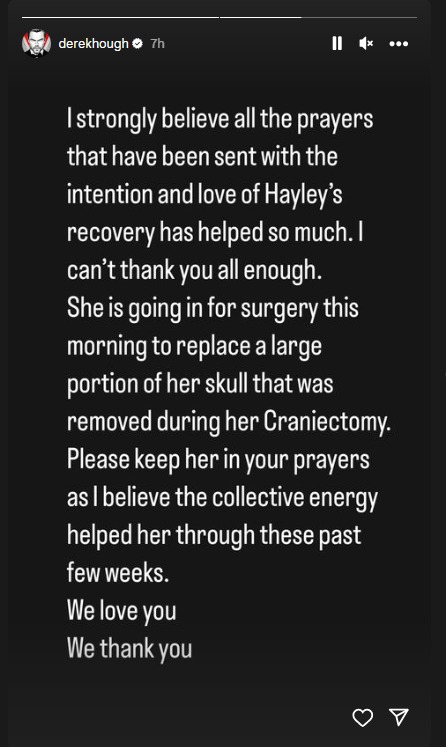 Derek Hough urges fans to keep Hayley Erbert in their prayers