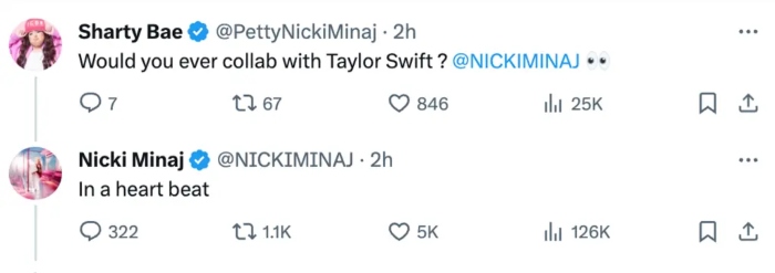 Nicki Minaj hints at collaboration with Taylor Swift: in a heart beat