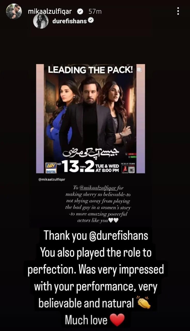 Durefishan Saleem applauds Mikaal Zulfiqar courage in tackling ‘bad guy’ role