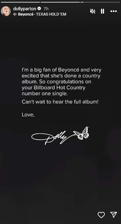 Dolly Parton sends warm wishes to Beyoncé for Texas Hold Em victory