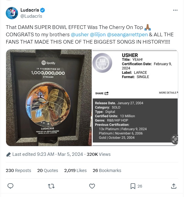 Usher, Ludacris commemorate Yeah! reaching 13 times platinum post Super Bowl