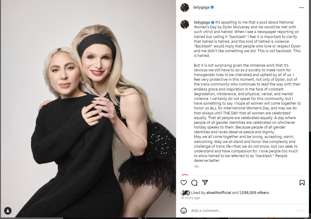 Lady Gaga addresses backlash over Dylan Mulvaney Women’s Day comment