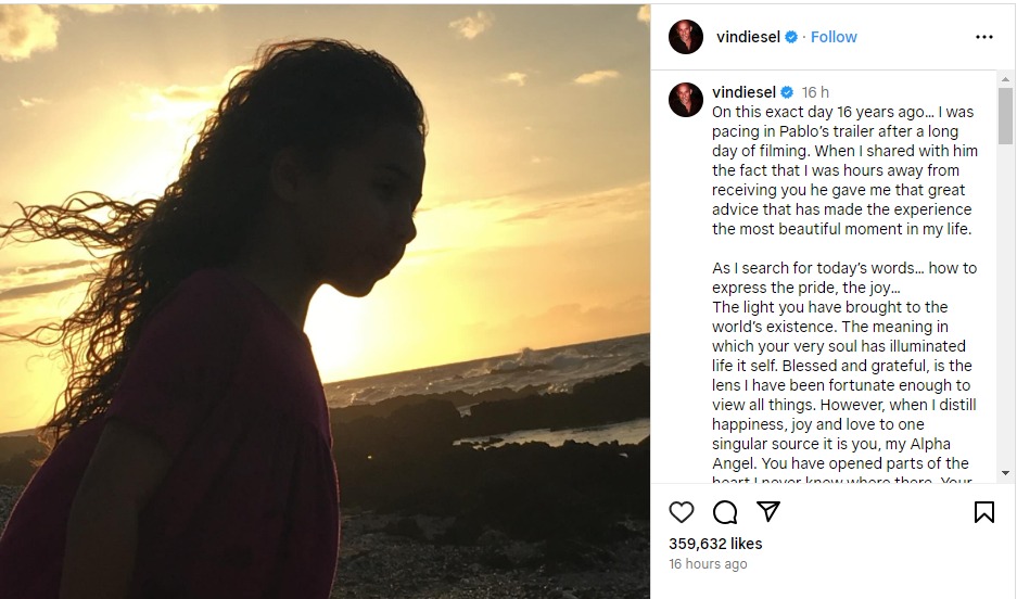 Vin Diesel shares heartwarming birthday message for daughter Similce