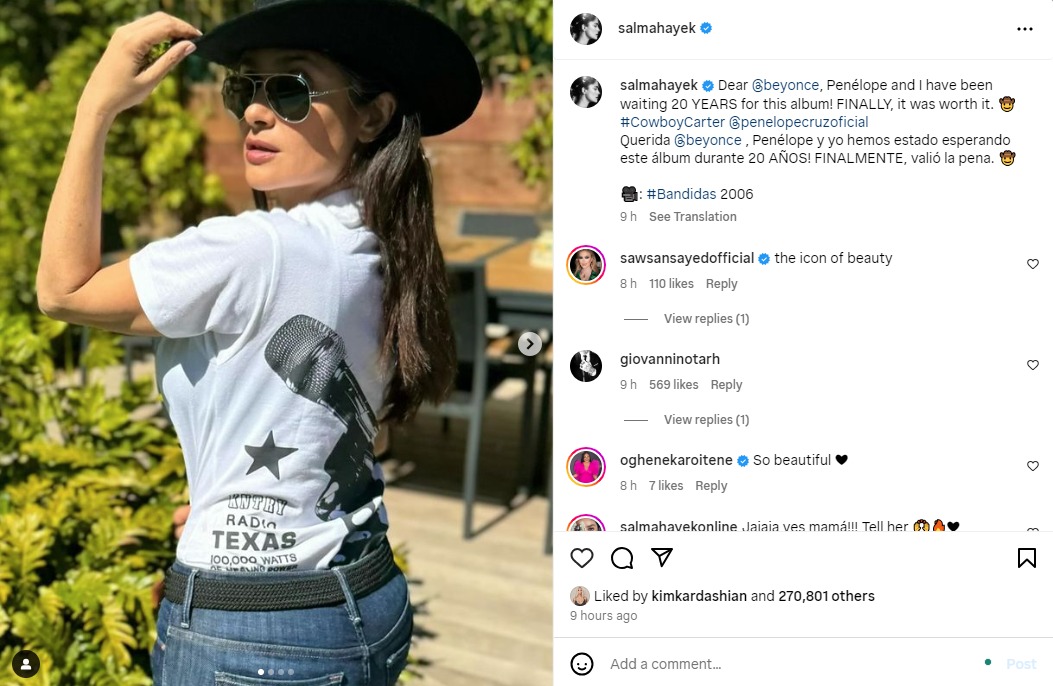 Salma Hayek, Penelope Cruz rejoice over Beyoncés country album: ‘FINALLY, it’s worth it’