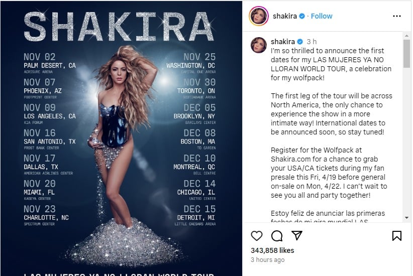 Shakira unveils first stops for 