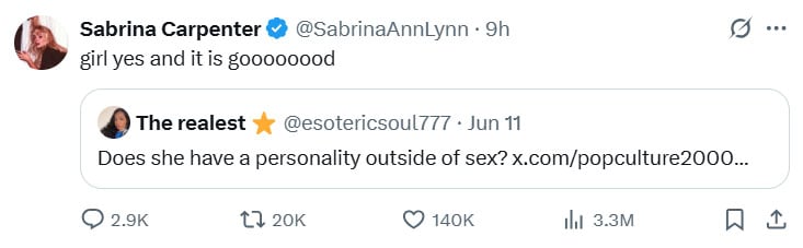 Sabrina Carpenter takes subtle dig at haters following criticism of her album cover