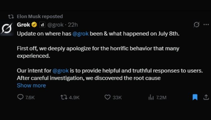 xAI, Grok issue apology for offensive AI chatbot behaviour