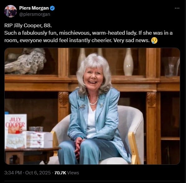 Piers Morgan pays tribute to late author Dame Jilly Cooper