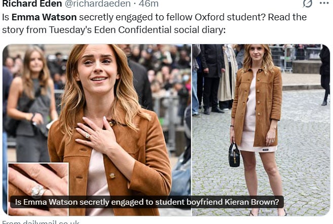 Emma Watson recently attended Paris Fashion Week wearing a sparkling diamond ring