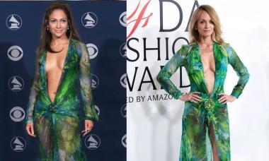 Jennifer Lopez’s iconic Versace jungle dress revived by Amber Valletta at 51