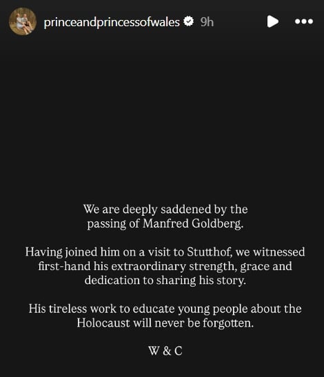 Prince William, Princess Kate pay tribute to Holocaust survivor in emotional statement