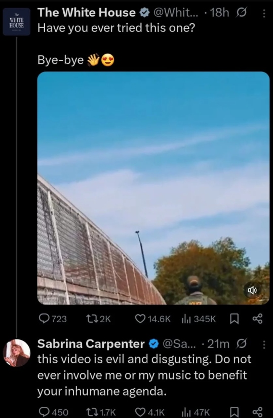 Sabrina Carpenter joins Olivia Rodrigo in calling out controversial White House post