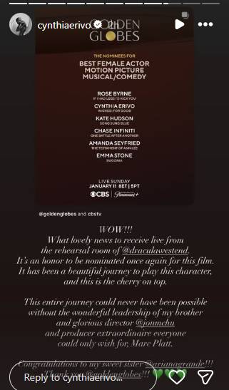 Ariana Grande, Cynthia Erivo’s shocking reaction to second Globe nominations