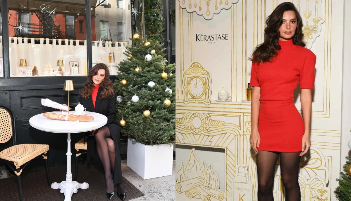 Emily Ratajkowski dazzles in holiday red after bold bra look