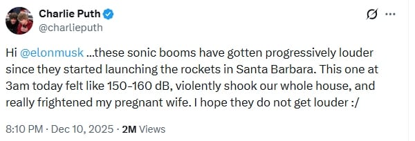 Charlie Puth calls out Elon Musk over SpaceX rocket noise