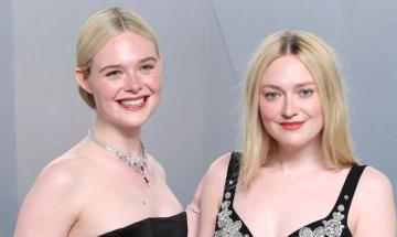 Elle Fanning shows of handmade scarf knitted by sister Dakota