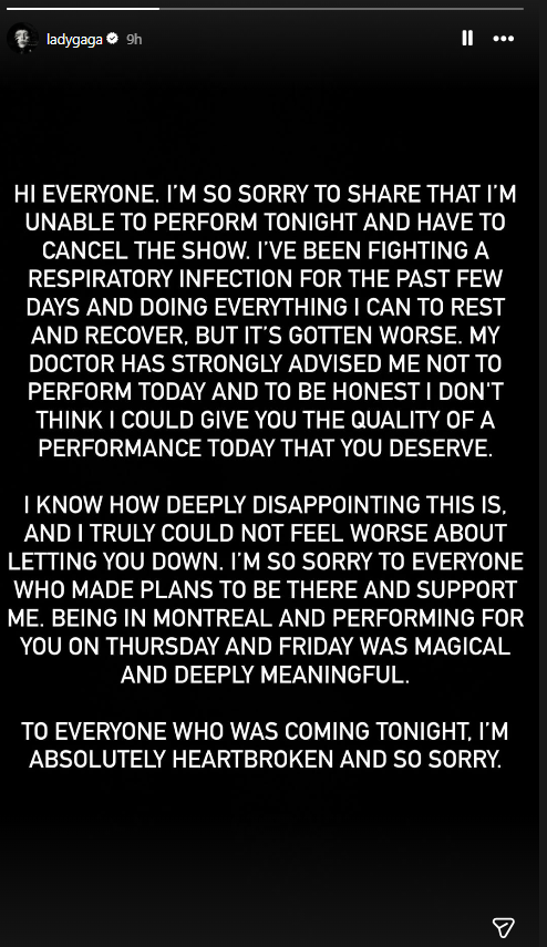 Lady Gaga cancels final Montreal tour date following severe respiratory infection