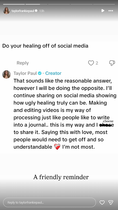 Taylor Frankie Paul rejects calls to leave social media during healing journey