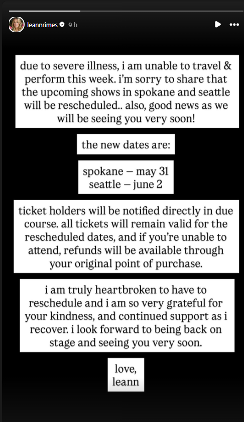 LeAnn Rimes cancels Washington concerts following sudden onset of severe illness