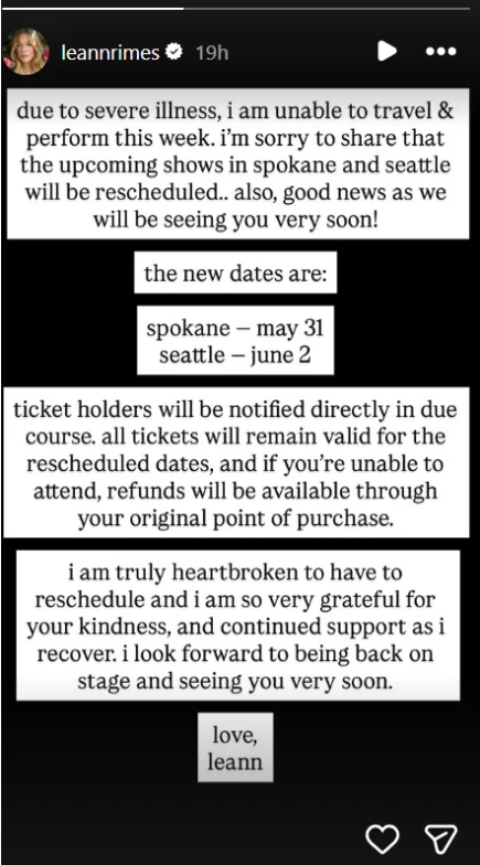 LeAnn Rimes postpones tour dates following battle with severe illness