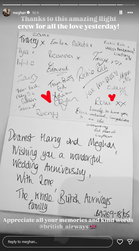 Meghan Markle receives a heartfelt surprise from British Airways crew ahead of her wedding anniversary