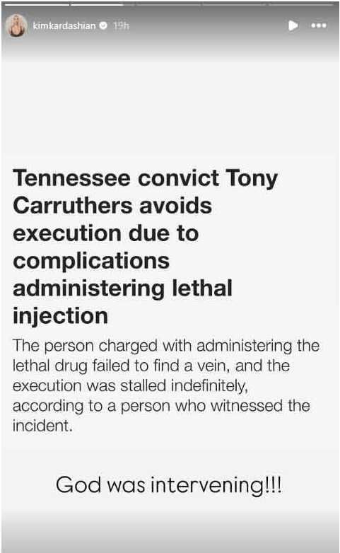 Kim Kardashian reacts after Tony Carruthers execution stalled in Tennessee on Thursday
