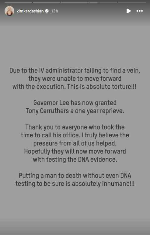 Kim Kardashian reacts after Tony Carruthers execution stalled in Tennessee on Thursday