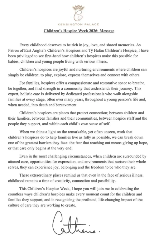 Kate Middleton celebrates childrens hospices in heartfelt letter